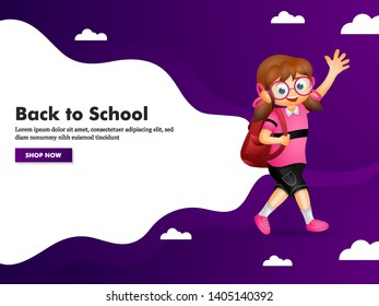 Advertising banner or poster design for "Back to School". Cartoon character of Cute little girl going top school on purple and white background.