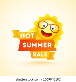 Advertising banner or poster design with a cartoon character of the sun wearing goggles for Hot Summer Sale.