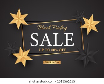 Advertising banner or poster design decorated with grey and golden stars, 80% discount offer for Black Friday Sale.