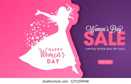 Advertising banner or poster design with illustration of young girl and 50% discount offer for Happy Women's Day Sale.