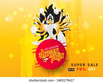 Advertising banner or poster design with illustration of Goddess Durga and 70% discount offer for Durga Puja Super Sale.