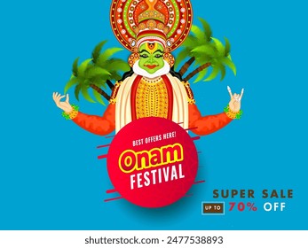 Advertising banner or poster design with illustration of Kathakali dancer and discount offer for Onam Festival Sale.