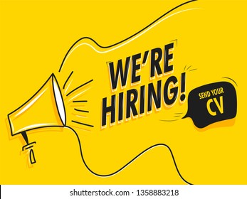 Advertising banner or poster design with loudspeaker for We're Hiring, job vacancy.