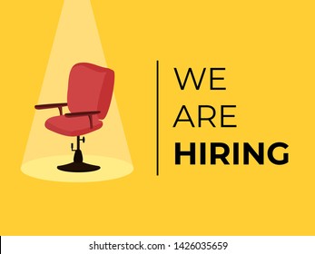 Advertising banner or poster design with office chair for Designation, We Are Hiring concept.