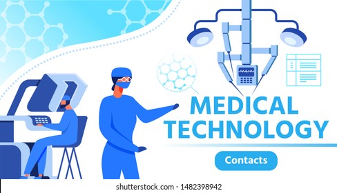 Advertising Banner Presenting Medical Technology. Webpage with Contacts Button and Doctors Team Controlling Automated Robotic Arm Assembly. Vector Robotically Assisted Surgical System Illustration