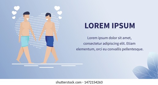 Advertising Banner with Promotion Editable Text and Title. Two Cartoon Happy Smiling Guys in Swimming Suits Walking Together. Freedom, Liberty to LGBT Community. Vector Gay Dating Flat Illustration