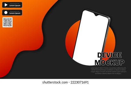 Advertising banner with realistic smartphone, text, QR code and download buttons. Dark vector background with 3d modern phones and orange decoration. Application advertisement, device presentation