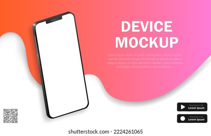 Advertising banner with realistic smartphone, text, QR code and download buttons. Vector background with 3d modern phones and pink decoration. Mobile app, website advertisement, device presentation