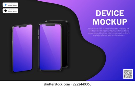 Advertising banner with realistic smartphones, text, QR code and download buttons. Dark vector background with 3d modern phones and purple decoration. Application advertisement, device presentation