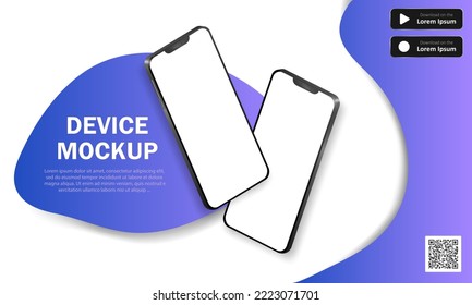 Advertising banner with realistic smartphones, text, QR code and download buttons. Vector background with 3d modern phones and purple decoration. Mobile app, website advertisement, device presentation