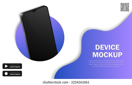 Advertising banner with realistic smartphones, text, QR code and download buttons. Vector background with 3d modern phones and purple decoration. Mobile app advertisement, device presentation