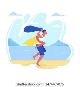 Advertising Banner Relationship on Vacation Flat. Guy is Running Along Beach with Girl Behind his Back. Vector Illustration.