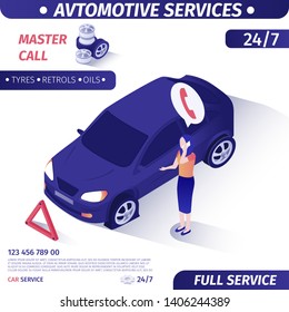 Advertising Banner for Round-the-Clock Client Support. Car Repair and Master Call Service Concept. Woman Calling for Mechanic by Phone Stands near Broken Car. Vector 3d Isometric Illustration