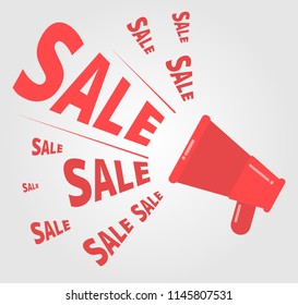 Advertising Banner of Sale Promotion, Sale Text and Red Megaphone On Grey Background. Vector illustration.