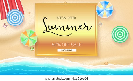 Advertising banner sales with typography. Summer sale 50 percent discount, buy now. Advertising on the background of a sandy beach with sea surf, sun umbrella, starfish and beach Mat