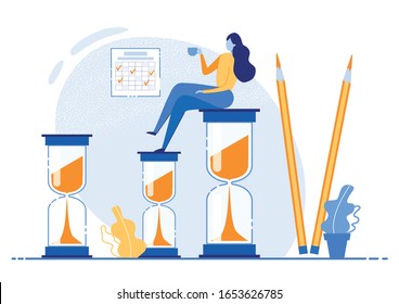 Advertising Banner, Scheduled Task Execution. Time Management Process and Strategy. Girl in Casual Clothes Sits on Stove Clock, Drinks Coffee and Looks at Calendar. Vector Illustration.