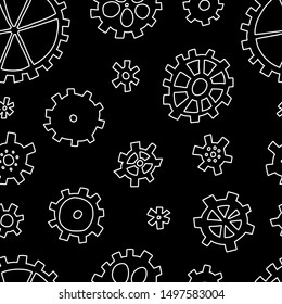 Advertising banner seamless pattern sketch gears. Simple elements round shape. Objects different types. Hand-drawn gears with white lines. Different number teeth. Vector illustration.