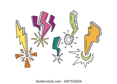 Advertising banner set hand drawn lightning bolt. Diverse bright colorful zippers. Electric spark discharge in atmosphere. Bright flash light. Quick sketch colorful shapes. Vector illustration.