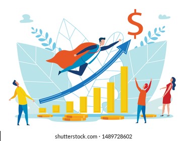Advertising Banner Sharp Rise Indicators Flat. Interception User and Interest in Site. Man Flies Like Super Hero above Arrow from Diagram, People are Watching Top. Vector Illustration.