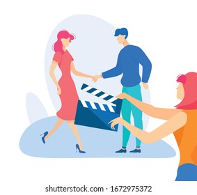 Advertising Banner Shooting Movie Cartoon Flat. Poster Guy with Girl Rehearsing Sketch for Shooting on Camera. Information Flyer Clapperboard Girl is Filming Double. Vector Illustration.