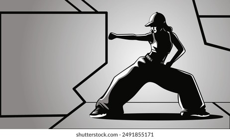 Advertising banner with silhouette of girl hip hop dancer in stylish movement with space for text