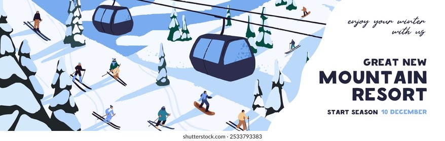 Werbebanner der Skigebiet-Saison. Schneehang mit Skifahrern, Menschen auf Snowboards und Seilbahn. Seilbahn, Seilbahn auf Abfahrt. Extremsport in den Bergen im Winter. Flache Vektorgrafik