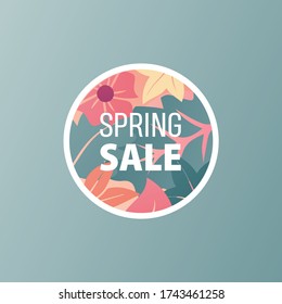Advertising banner. Spring sale. Shopping and discounted purchases. Circle badge on a green background. Vector illustration.