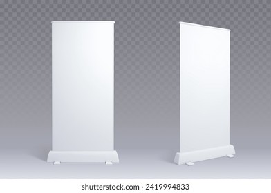 Advertising banner stand front and side view set isolated on transparent background. Vector realistic illustration of white blank information poster mockup, sale ad board, business promo equipment