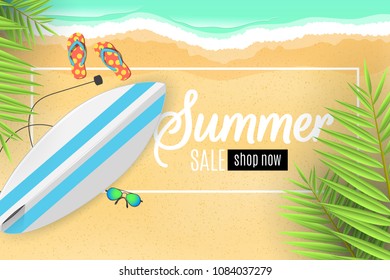 Advertising banner for the summer sale. Surfboard, palm leaves, beach goggles and sponges. Sunny sandy beach. Cartoon style. Special offer. Summer discounts. Vector illustration. EPS 10
