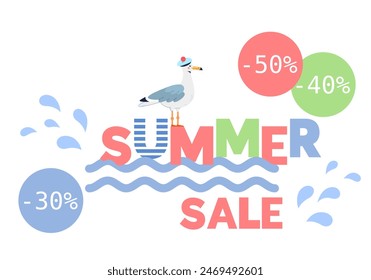 Advertising banner for summer seasonal sale in stores, on website. Vector cute illustration in flat style on marine theme with seagull in a sea beret, sketchy waves, splashes.