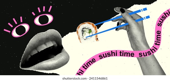 Advertising banner for a sushi bar with a grunge texture in a retro collage style. Vector illustration of lips, hand with roll with halftone effect.