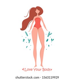 Advertising Banner With Tall Girl With Very Long Beautiful Hair In Swimsuit. Subscription  Love Your Body. Vector Illustration In Cartoon Style.