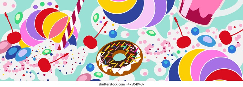 Advertising banner template. Dessert vector background. Donut with chocolates and cherries.