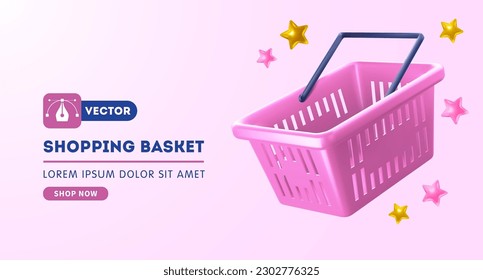 Advertising banner template with empty shopping basket. Realistic 3d pink shopping product cart on pink background. Place for text. Vector illustration