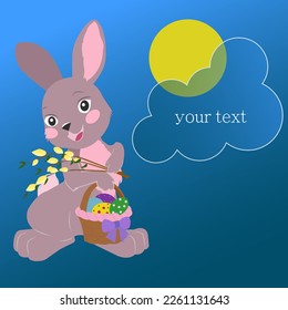 Advertising banner template, flat vector illustration of a cute cartoon easter bunny with a bouquet of willow cats and a basket of eggs, a cloud drawn in glassmorphism style with a place for your text