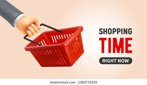 Advertising banner template with hand holding empty shopping basket. Realistic 3d red shopping product cart on beige background. Place for text. Vector illustration