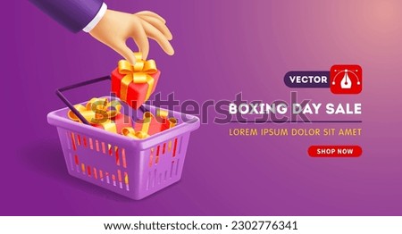 Advertising banner template. Hand putting gifts in shopping basket. Realistic 3d pink shopping product cart on violet background. Boxing day or sale advertisement. Place for text. Vector illustration