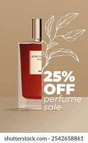 Advertising banner template with image of glass perfume bottle with amber liquid and handdrawn branch. Mockup of a poster with a sale offer for an online shop. Vector illustration.