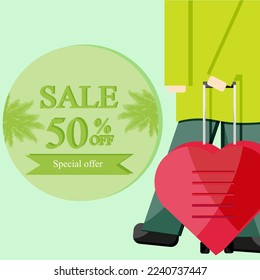 Advertising banner of a travel agency with a special offer for travel on Valentine's Day. Doodle image of a man with a suitcase on wheels in the shape of a heart and sticker with the inscription sale.