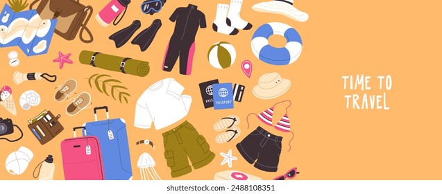 Advertising banner of travel, tourism. Horizontal poster with border, frame of stuff for beach holiday. Sea vacations, journey items: clothes, swimsuit, suitcase, luggage. Flat vector illustration