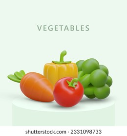 Advertising banner for vegetable farmer market. 3D carrot, broccoli, paprika, tomato. Color concept on green background. Generous harvest. Organic natural fresh products