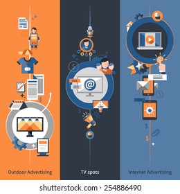 Advertising banner vertical set with outdoor internet marketing tv spots elements isolated vector illustration