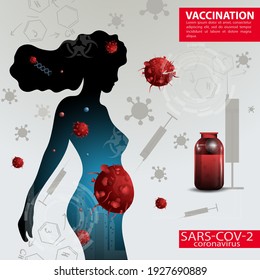 Advertising banner for web design and leaflet printing, with an invented vaccine, and a contour cut out of a pregnant girl against the background of the coronovirus 2019-nCoV