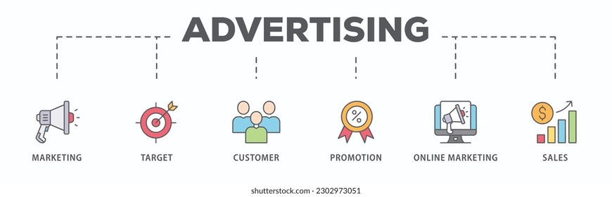 Banner publicitario icono de la web icúsculo de ilustración vectorial con icono de marketing, destino, cliente, promoción, marketing en línea y ventas

