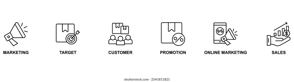 Concepto de Ilustración vectorial del icono del Web del Anuncio de la publicidad con el icono del márketing, objetivo, Cliente, promoción, márketing en línea, y ventas