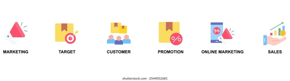 Ilustração de vetor de ícone da Web de banner de anúncio com ícone de marketing, destino, cliente, promoção, marketing online e vendas