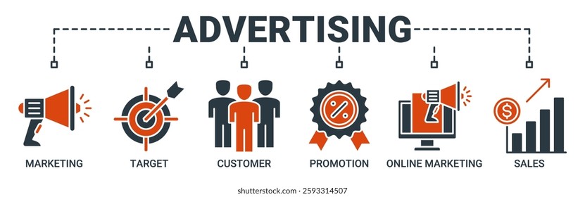 Advertising banner web icon vector illustration concept with icon of marketing, target, customer, promotion, online marketing, and sales icons. Solid color vector symbol background.