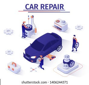 Advertising Banner with Wheel Replacement Offer in Car Repair Service. Masters Change Gum and Disk Using Jacking Apparatus. Teamwork, Vulcanization, Tire Fitting. Vector Isometric 3d Illustration Advertising Banner with Wheel Replacement Offer in Car Repair Service. Masters Change Gum and Disk Using Jacking Apparatus. Teamwork, Vulcanization, Tire Fitting. Vector Isometric 3d Illustration