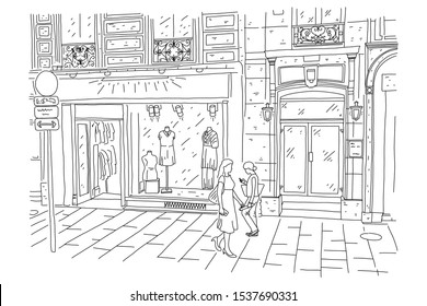 Advertising Banner Windshield Clothing Store. Street Old City, Girls Walk Past Large Glass Cases Which There Are Manikins Decorated With Women's Clothing. Drawn Cartoon Style, Art Design.