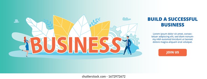 Advertising Banner is Written Business Cartoon. Poster Building a Successful Business. Flyer in Foreground is Large Inscription, Near Small People. Vector Illustration Landing Page.